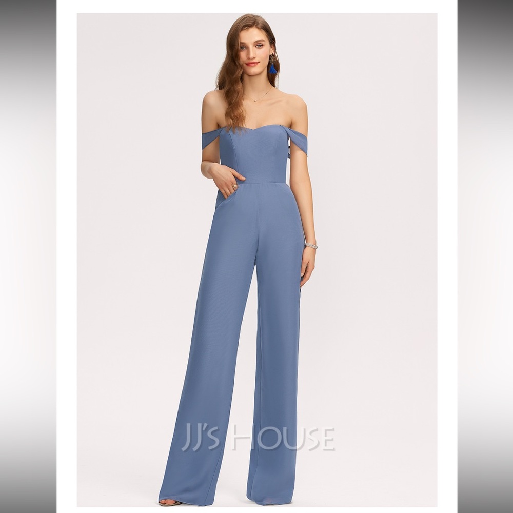 Teal Jumpsuits Off the Shoulder Floor-Length Chiffon Bridesmaid Dress #221196